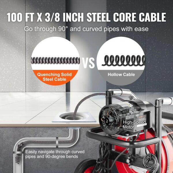 Drain Cleaner Machine 100FT x 1/2 Inch, Auto Feed Sewer Snake Auger on Wheels, 550W Portable Drain Cleaning Machine with 8 Cutters & Air-activated...