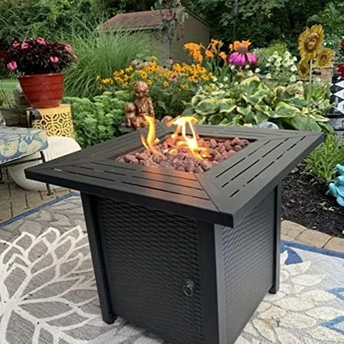28-inch, 50,000-watt automatic ignition gas fire pit table, CSA-certified, imitation wicker wood material, equipped with a 6.6-pound stone shelf,...