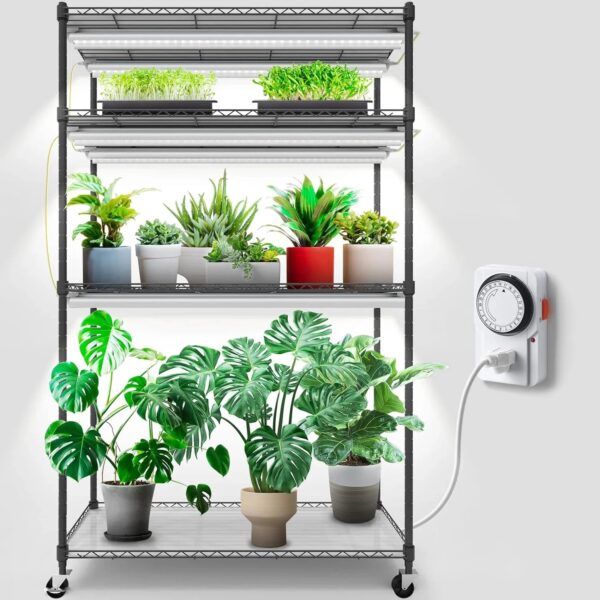 Barrina Mini Greenhouse with LED Grow Light for Indoor Plant, 4-Tier Portable Metal Plant Stand with Wheels, Plant Shelf with Tent, 6Pcs Plant...