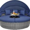 Outdoor daybed, rattan round daybed with sunshade canopy, patio set with cushions and adjustable coffee table, rattan patio furniture, suitable...