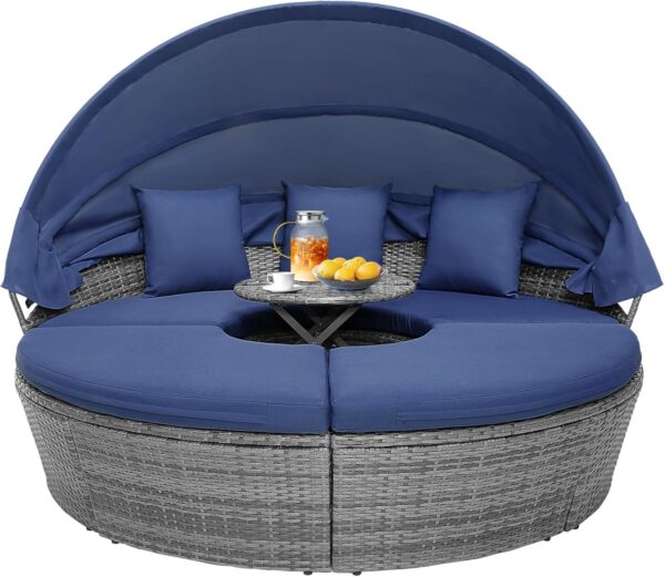 Outdoor daybed, rattan round daybed with sunshade canopy, patio set with cushions and adjustable coffee table, rattan patio furniture, suitable...