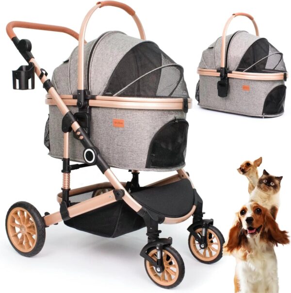 Pet Stroller with 4 Wheels, Foldable Pet Travel Carrier for Small/Medium Dogs Cats up to 50lbs, Detachble Portable Pet Bag, Storage Basket, Car...