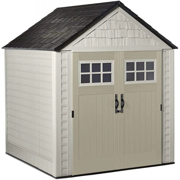 Rubbermaid 7 7 Ft Durable Weather Resistant Resin Outdoor Garden Storage Shed with Windows and Utility Hooks, Sand