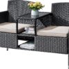 Flamaker Outdoor Furniture Patio Loveseat Wicker 2-Seat with Built-in Table and Cushions Rattan Porch Chairs Bench for Balcony, Lawn, Backyard (Beige)