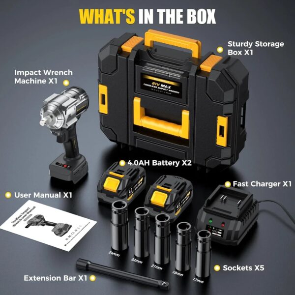 Cordless Impact Wrench, 1200Nm(900ft-lbs) High Torque 1/2'' Impact Wrench, 21V Brushless Electric Impact Gun with 2Pcs 4.0Ah Batteries, 1 Hour...