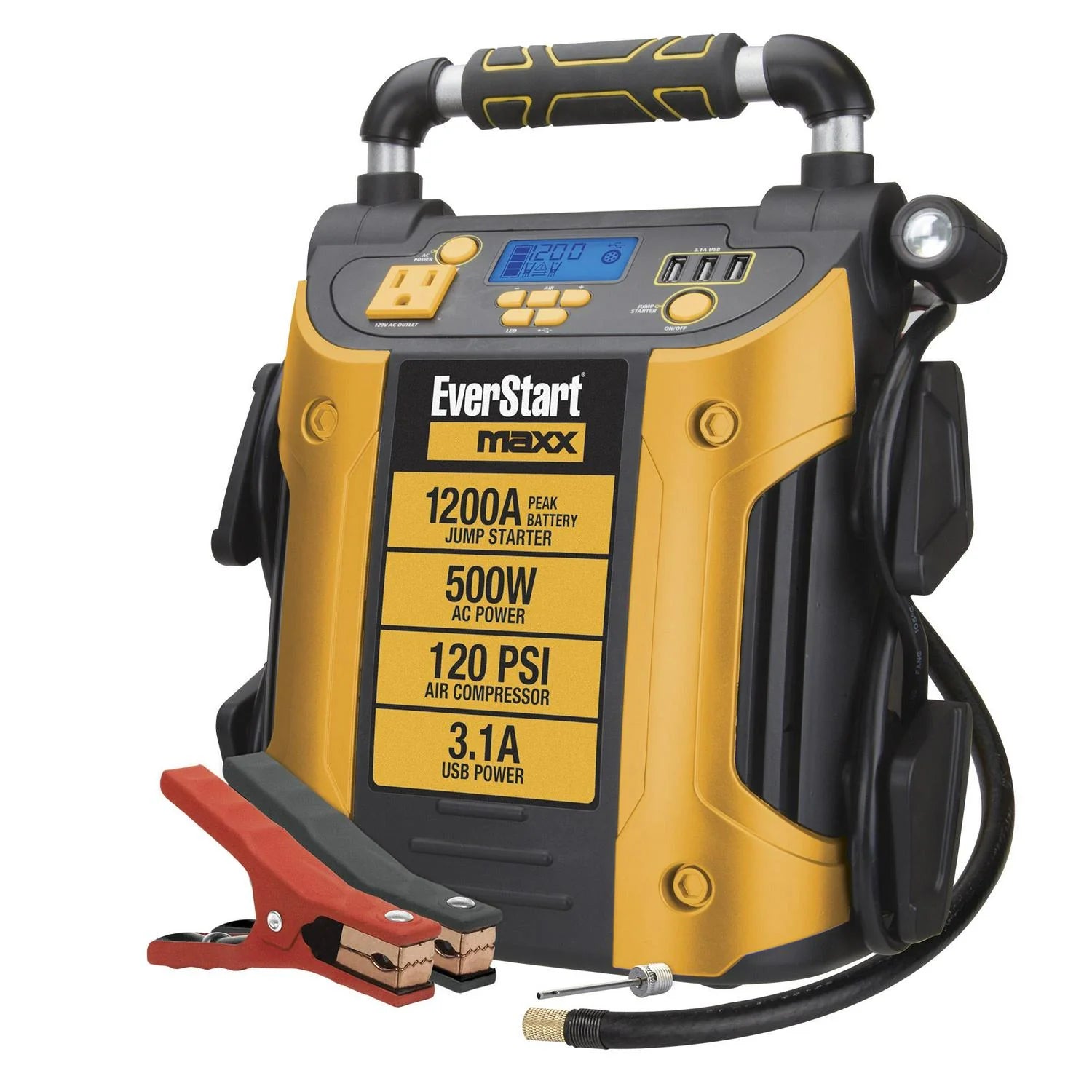 81af9f3bd0f29876d2cb9680be1102fe31d6e1b2b62b4e9a8c7daa03441565a1-1-1 J5CPDE Jump Starter, Power Station, 1200 Peak Battery Amps with 500W Inverter and 120 PSI Compressor