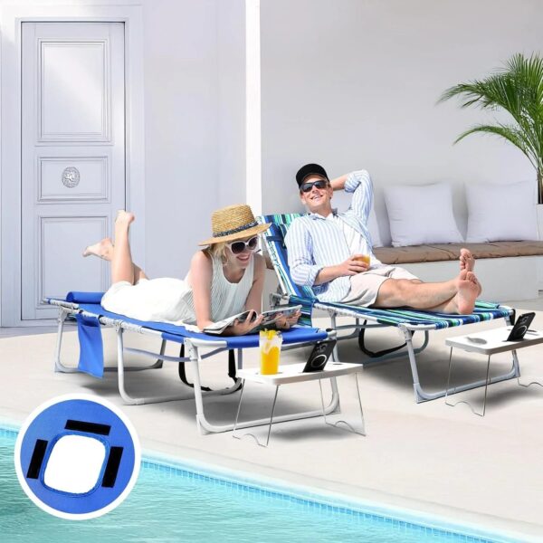 3-in-1 Outdoor Sun Tanning Lounge Chair with Face Hole 5-Position Recliner, Folding Side Table & Removable Pillow, 330lbs Capacity, Blue