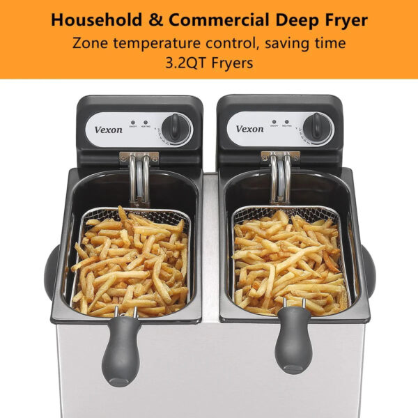 3000W Commercial Electric Deep Fryer With Baskets & Lids,2x3L Stainless Steel Double Deep Fryer,Small Deep Fryer With Basket,Temperature...