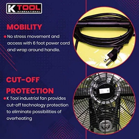 K Tool International 42 Belt Drive Drum Fan; Industrial, Garage, Shop, High Speed 2-Speed, Durable, Cut-Off Protection, Easy Mobility Rubber...