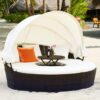 Outdoor daybed, rattan round daybed with sunshade canopy, patio set with cushions and adjustable coffee table, rattan patio furniture, suitable...