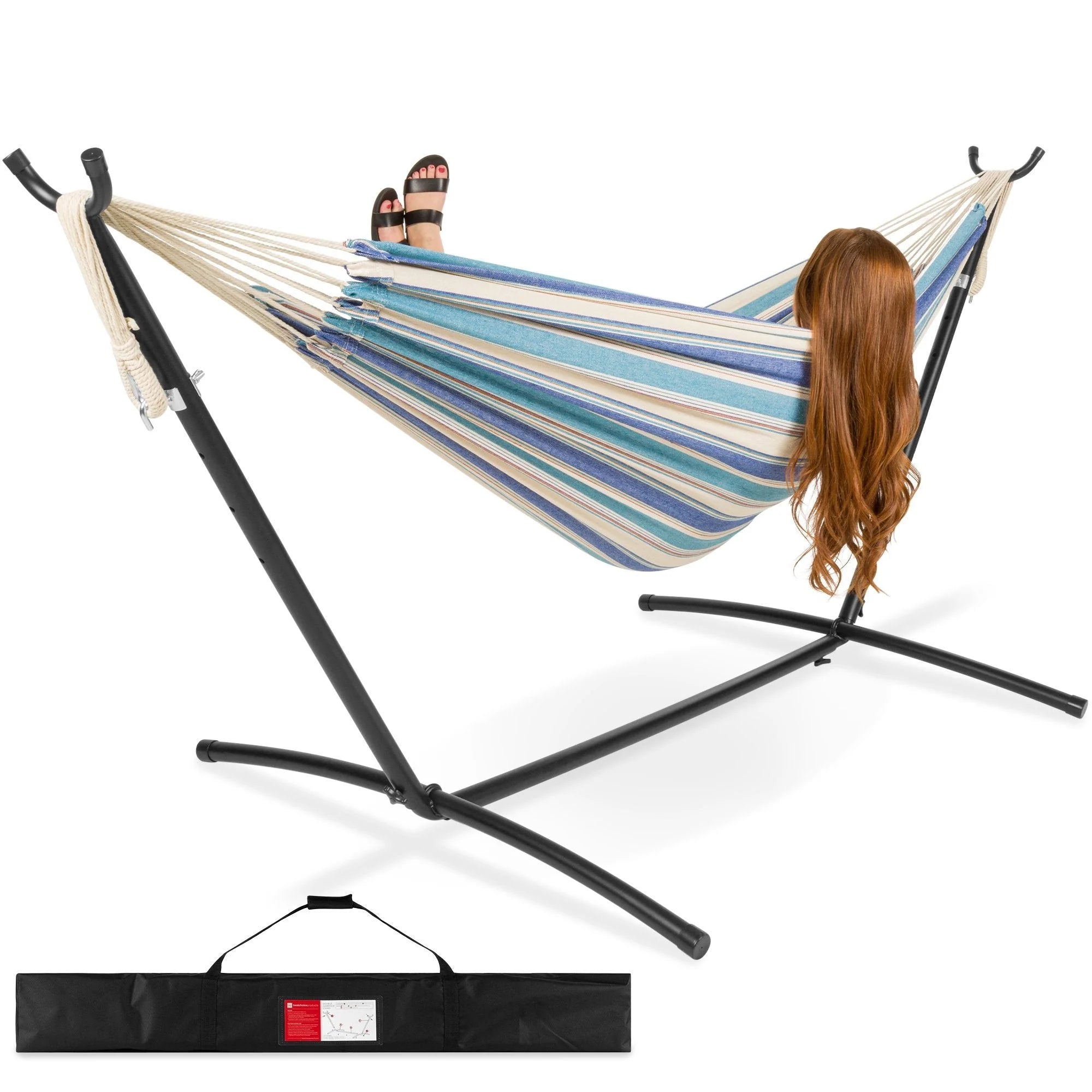 89aa480105c64651ed887ddf03e2f105c0905b6eed0d0d073d098af0516ad7c3 2-Person Brazilian-Style Double Hammock w/ Carrying Bag and Steel Stand