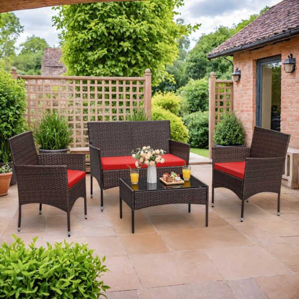 4 Pieces Patio Rattan Chair Wicker, Outdoor Indoor Use Backyard Porch Garden Poolside Balcony Furniture Sets (Red)