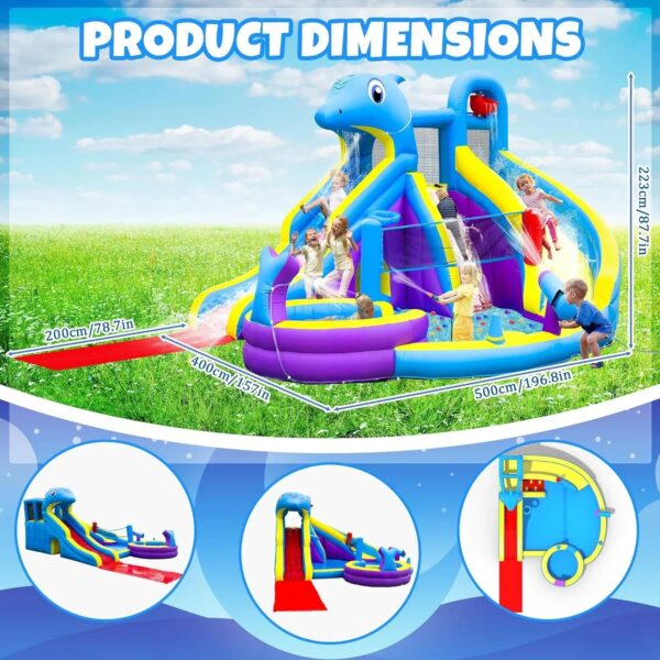 11-in-1 Inflatable Water Slide & Dolphin Bounce House w/2 Long Slides, 19.7 Ft x 13.1 Ft Extra Large Waterslide Climbing Wall w/Small Deeper...