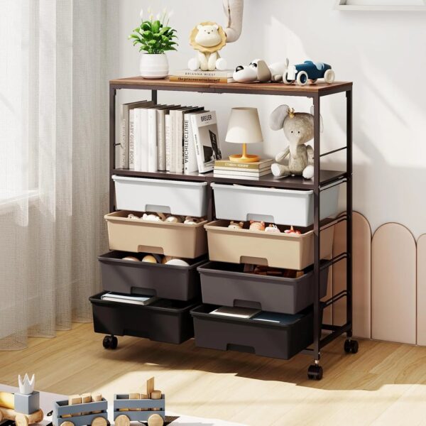 8-position drawer roller storage cart, equipped with a wooden top, a multi-functional practical storage cart with open shelves and lockable...