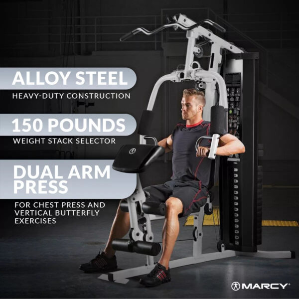 Marcy 150 Pound Stack Home Gym, Dual Function Arm Press & Leg Developer, Full Body Workout, Black/White