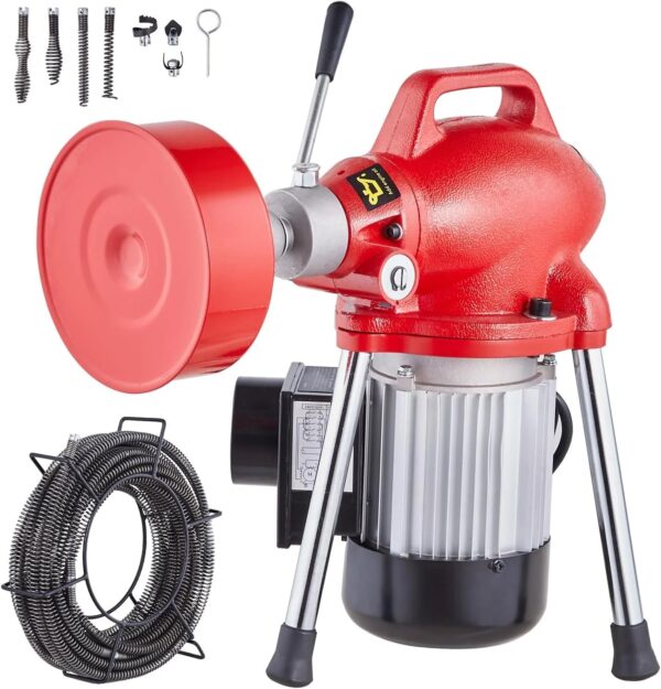 Segmented sewer cleaning machine 66 feet x 5/8 inches, 250-watt electric sewer unclogger with manual feeder - equipped with 2 steel cables, 7...
