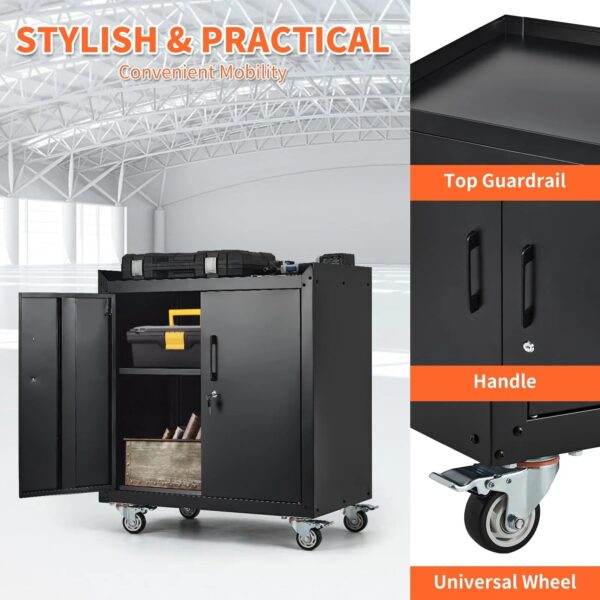 Garage Storage Cabinet with Wheels, 2 Door Tool Cabinet with Adjustable Shelves, Metal Lockable Tool Cabinet, Rolling Tool Chest for Home, 34 H x...
