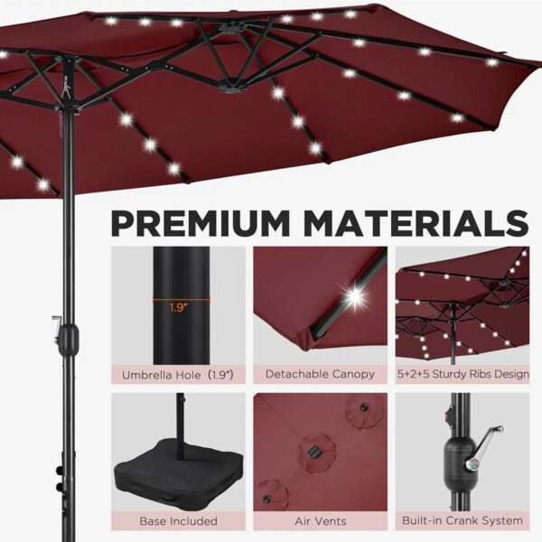 15 ft Large Patio Umbrella with Solar Lights Double-Sided Outdoor Rectangle Market Umbrellas with 36 LED Lights/Base Included/Easy Crank for Patio...