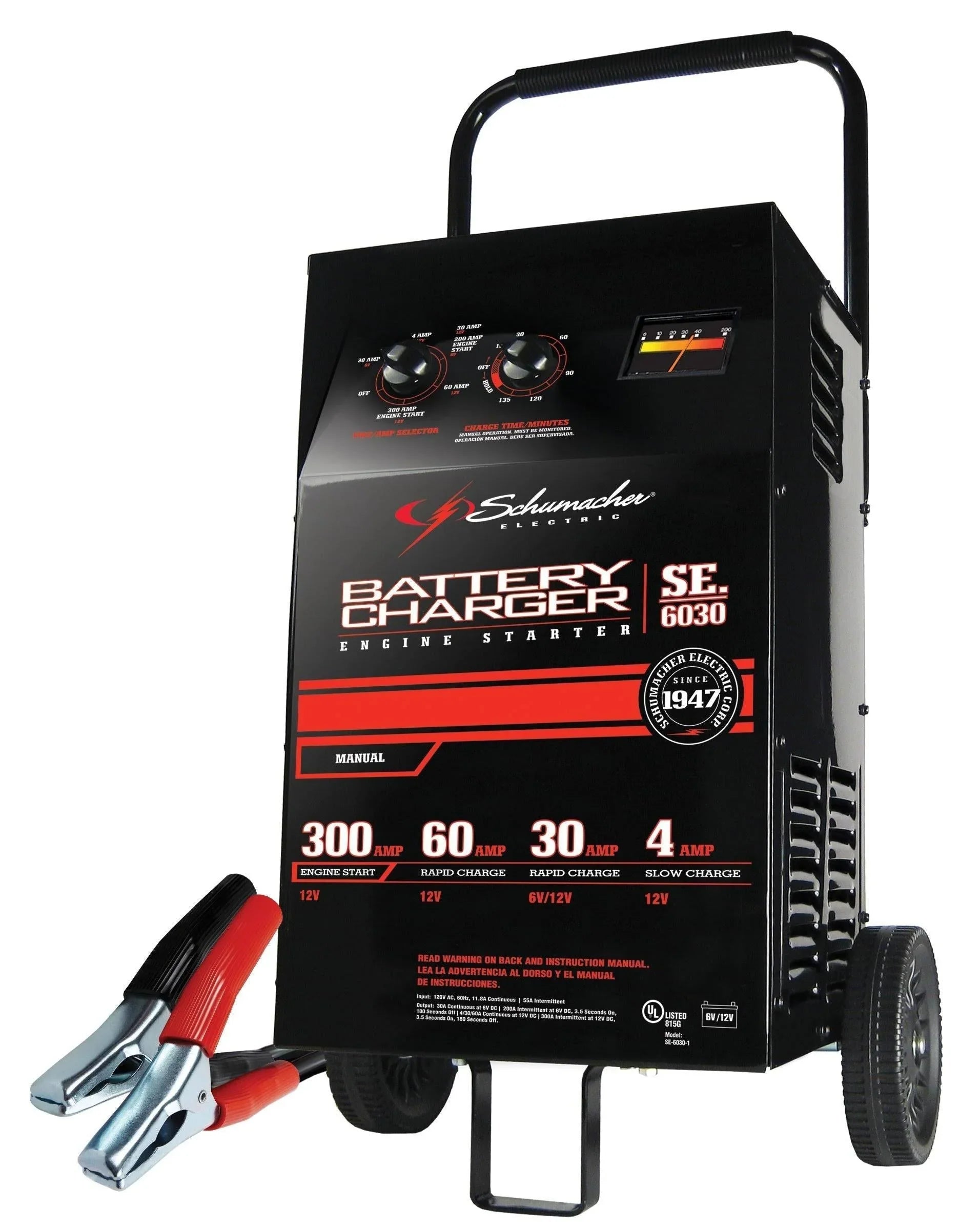 99a728f248343150af02f25dd028f73e75cd88fcae4ab9394f1f753c9c6ecfd4 Schumacher Electric Wheeled Battery Charger and Engine Starter, SC1446, 2-in-1, manual timer control, 300 crank amps, 6 volts, 12 volts, for car,...