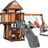 Backyard Discovery Canyon Creek Cedar Wood Swing Set with Wave Slide, Clubhouse, Play Kitchen, Picnic Area, Belt Swings, Web Swing, Rock Wall,...