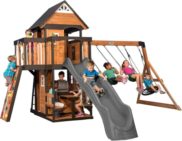 Backyard Discovery Canyon Creek Cedar Wood Swing Set with Wave Slide, Clubhouse, Play Kitchen, Picnic Area, Belt Swings, Web Swing, Rock Wall,...