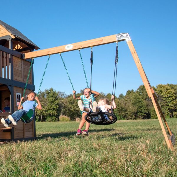 Backyard Discovery Canyon Creek Cedar Wood Swing Set with Wave Slide, Clubhouse, Play Kitchen, Picnic Area, Belt Swings, Web Swing, Rock Wall,...