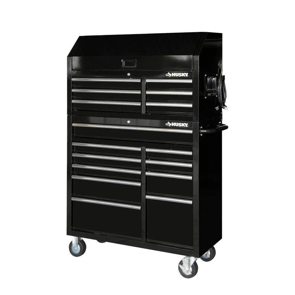a3909f495c1e45f1b1aae111e86f8681c285e2a501860cd8629536927af5b9a6 41 in. 16-Drawer Tool Chest and Cabinet Combo in Gloss Black