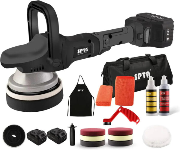 18V Cordless Car Polisher, 15mm Orbit 2000-4800 OPM Portable Buffer Polisher with 7 Variable Speed 2Pcs 4.0Ah Battery, 6 Sponge Pads,2 Wool Pad,...