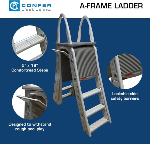 Confer Plastics 7200 Roll Guard 48" to 56" Adjustable A Frame Safety Ladder for Above Ground Outdoor Patio Swimming Pool Platform Ladder with Step...