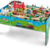 The dual-function wooden children's activity table with storage function, featuring 100 colorful components, tracks, trains, and cars, is a...