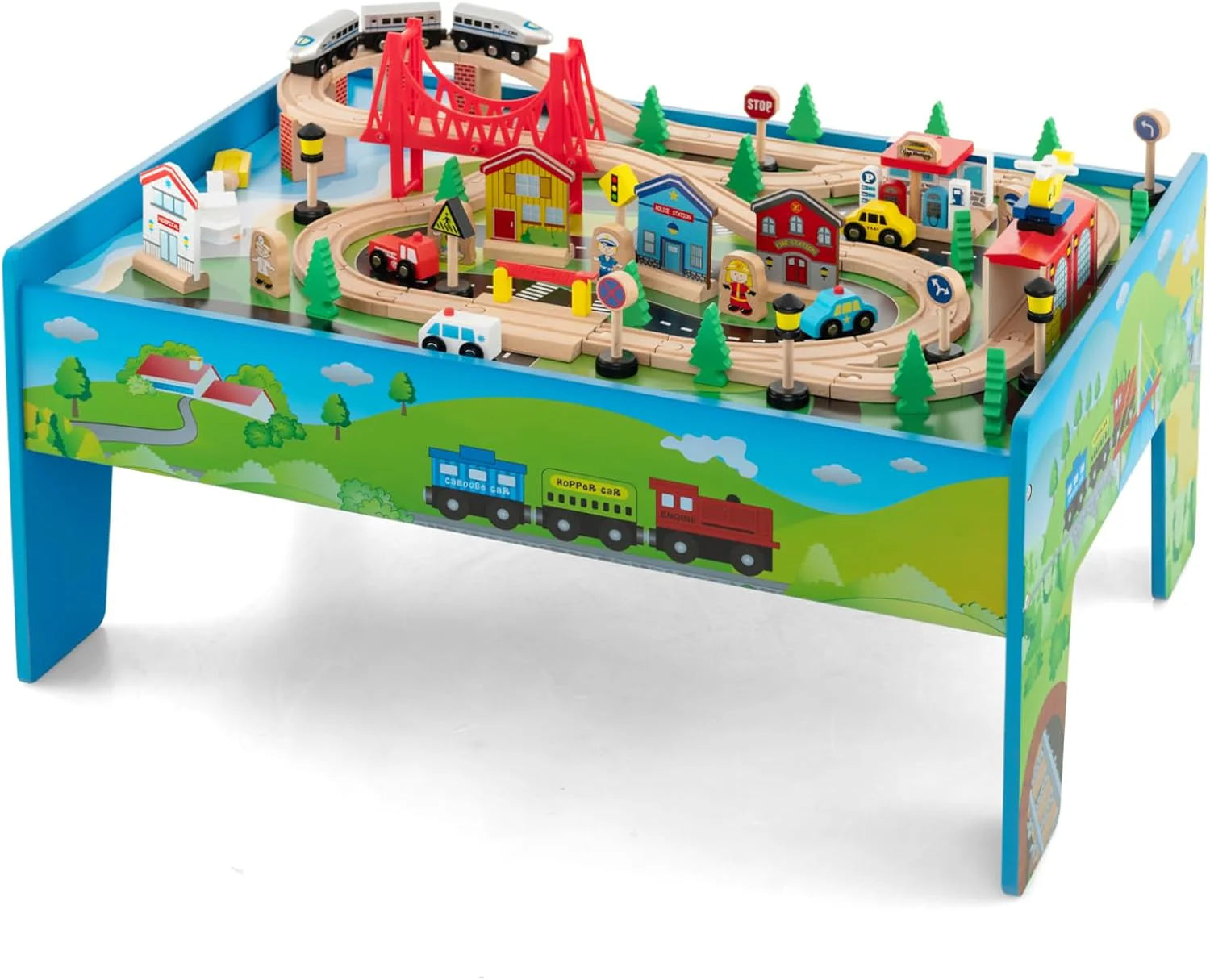 The dual-function wooden children's activity table with storage function, featuring 100 colorful components, tracks, trains, and cars, is a...