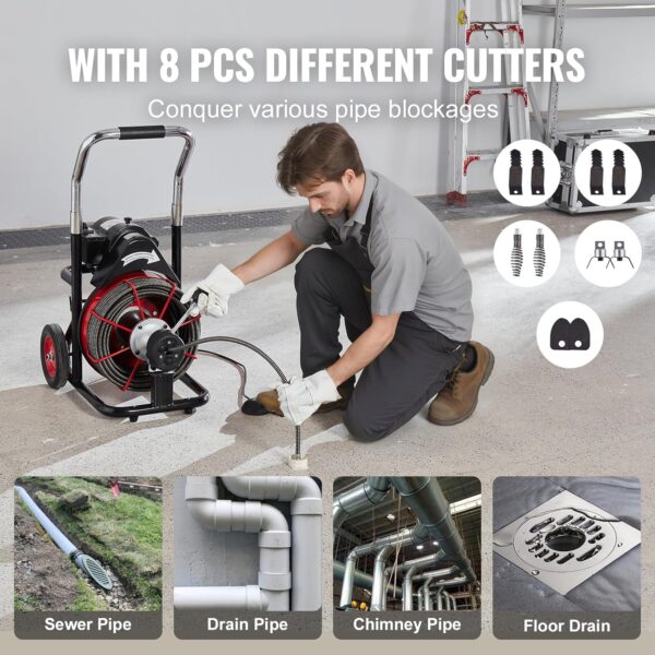Drain Cleaner Machine 100FT x 1/2 Inch, Auto Feed Sewer Snake Auger on Wheels, 550W Portable Drain Cleaning Machine with 8 Cutters & Air-activated...