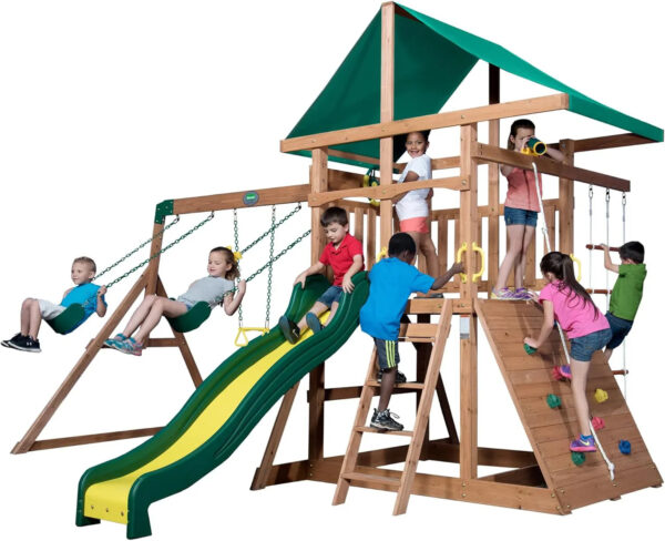 Backyard Discovery Mount Mckinley Cedar Wood Swing Set with Wave Slide, Play Deck, Double Rock Wall, Rope Ladder, Web Swing, Belt Swings, Toy...