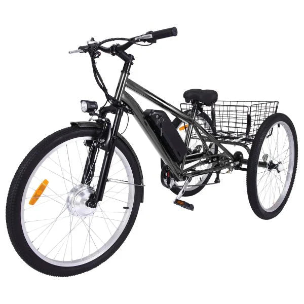 af4c9b1525be99bbfbffc22cefd6f68761ffef3096e33f40041fe35e1a5779c8 26 Inch Adult 3 Wheel Electric Tricycle with Basket, Fat Tires,7 Speeds,350W Powerful Motor, 36V 10Ah Removable Battery Dark Gray