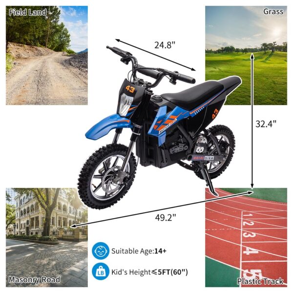 36V Kids Electric Dirt Bike, 36V, 350W, 15.5MPH, LED, 175lbs Max Blue