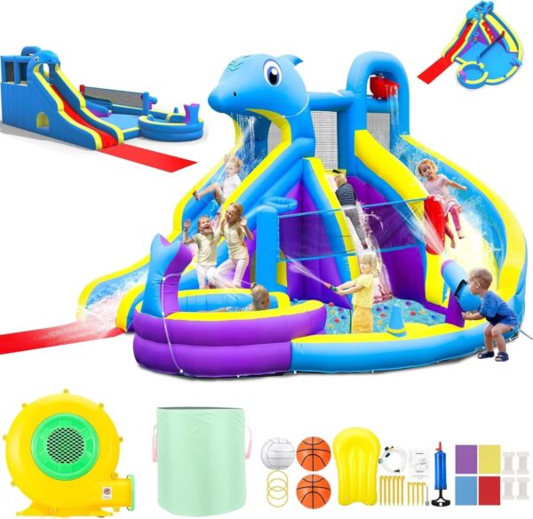 11-in-1 Inflatable Water Slide & Dolphin Bounce House w/2 Long Slides, 19.7 Ft x 13.1 Ft Extra Large Waterslide Climbing Wall w/Small Deeper...