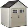 Rubbermaid 7 7 Ft Durable Weather Resistant Resin Outdoor Garden Storage Shed with Windows and Utility Hooks, Sand