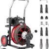 Drain Cleaner Machine 100FT x 1/2 Inch, Auto Feed Sewer Snake Auger on Wheels, 550W Portable Drain Cleaning Machine with 8 Cutters & Air-activated...