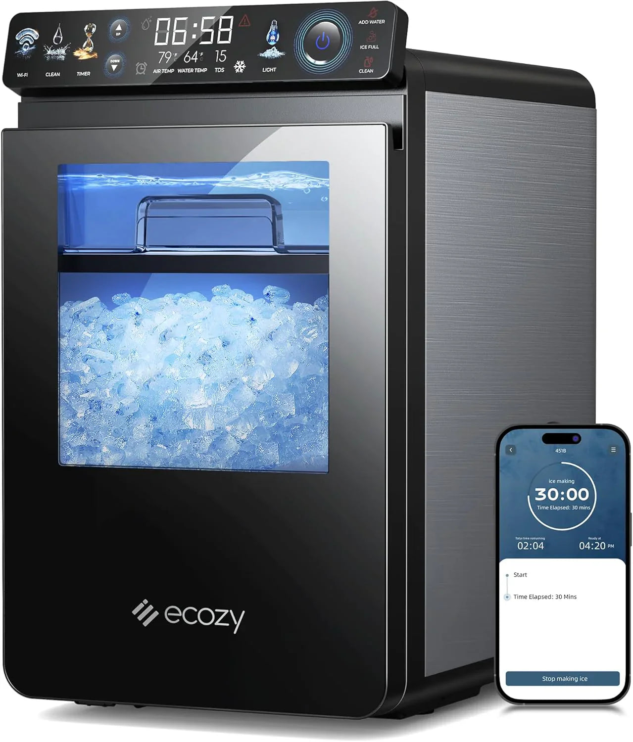 bd3a0dfd5d6121ab3c8f9724cc41e58207b3380f0671a3a7a94ef8d6f1cc5afb Nugget Ice Maker Countertop, Smart Pebble Ice Machine with APP Control, 44 lbs/24H Soft Pellet Chewable Ice with Self-Cleaning, Stainless Steel