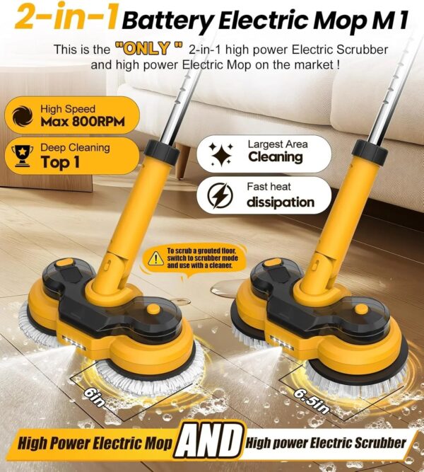 6000mAh Battery Electric Mop M1, 800RPM Cordless Electric Power Scrubber & Mops for Floor Cleaning, Best Automatic Spin Mops with Smart...