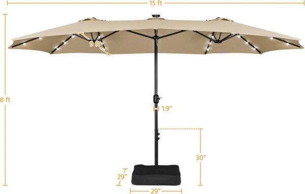 15 ft Large Patio Umbrella with Solar Lights Double-Sided Outdoor Rectangle Market Umbrellas with 36 LED Lights/Base Included/Easy Crank for Patio...