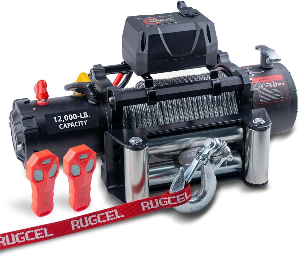 RUGCEL WINCH 12000lb 12V Truck Waterproof Electric Black Steel Rope Electric Winch with Roller Fairlead,Wired Handle,2 Infrared Remote Control,...