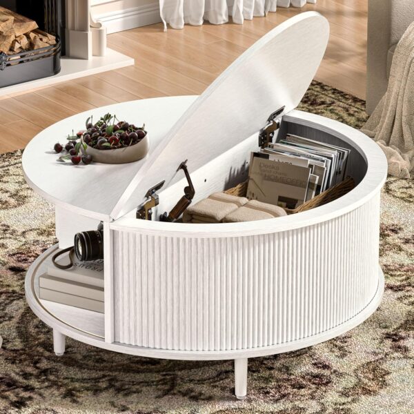 Round Coffee Table, 31.5" Fluted Center Table with Storage, Lift-Top Coffee Table with Adjustable Footpads, Sliding Door, Mid-Century Modern...