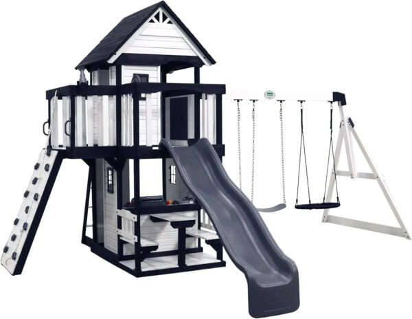 Backyard Discovery Canyon Creek Cedar Wood Swing Set with Wave Slide, Clubhouse, Play Kitchen, Picnic Area, Belt Swings, Web Swing, Rock Wall,...