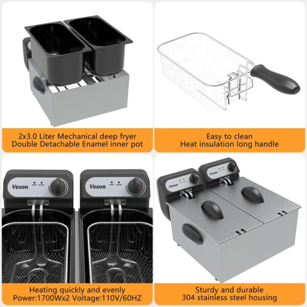 3000W Commercial Electric Deep Fryer With Baskets & Lids,2x3L Stainless Steel Double Deep Fryer,Small Deep Fryer With Basket,Temperature...