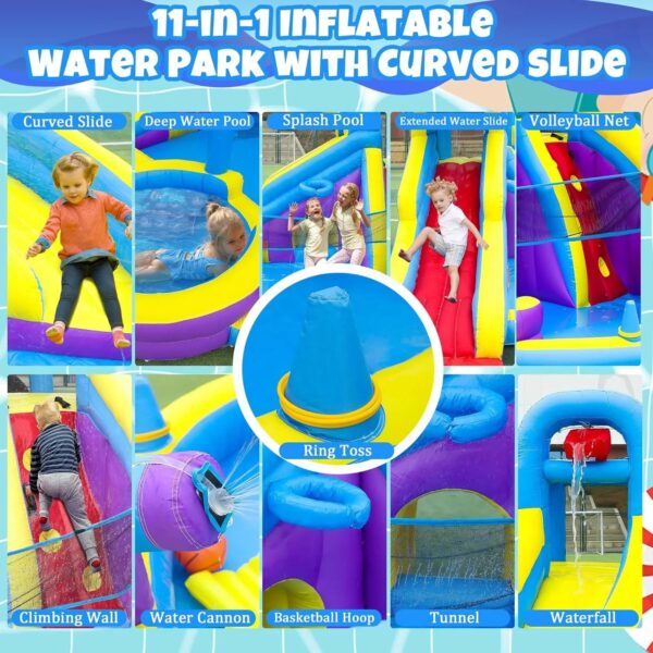 11-in-1 Inflatable Water Slide & Dolphin Bounce House w/2 Long Slides, 19.7 Ft x 13.1 Ft Extra Large Waterslide Climbing Wall w/Small Deeper...