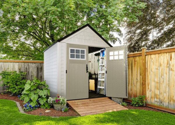 Rubbermaid Resin Outdoor Storage Shed With Floor (7 x 7 Ft) Weather Resistant Gray Organization for Home/Backyard/Garden Tools/Lawn Mower/Bike...