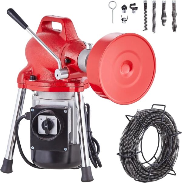 Segmented sewer cleaning machine 66 feet x 5/8 inches, 250-watt electric sewer unclogger with manual feeder - equipped with 2 steel cables, 7...