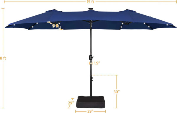 15 ft Large Patio Umbrella with Solar Lights Double-Sided Outdoor Rectangle Market Umbrellas with 36 LED Lights/Base Included/Easy Crank for Patio...