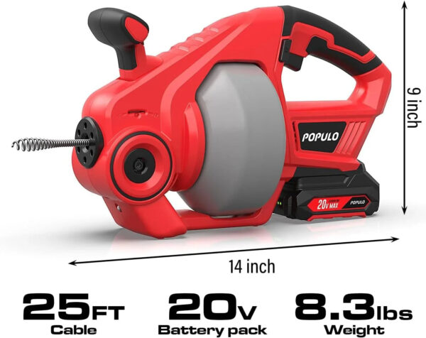 20V Cordless Electric Drain Auger-Efficient 25Ft Auto-Feed Drain Snake with Replaceable Cable,2.0Ah Battery,Charger,Storage Bag & Gloves for...